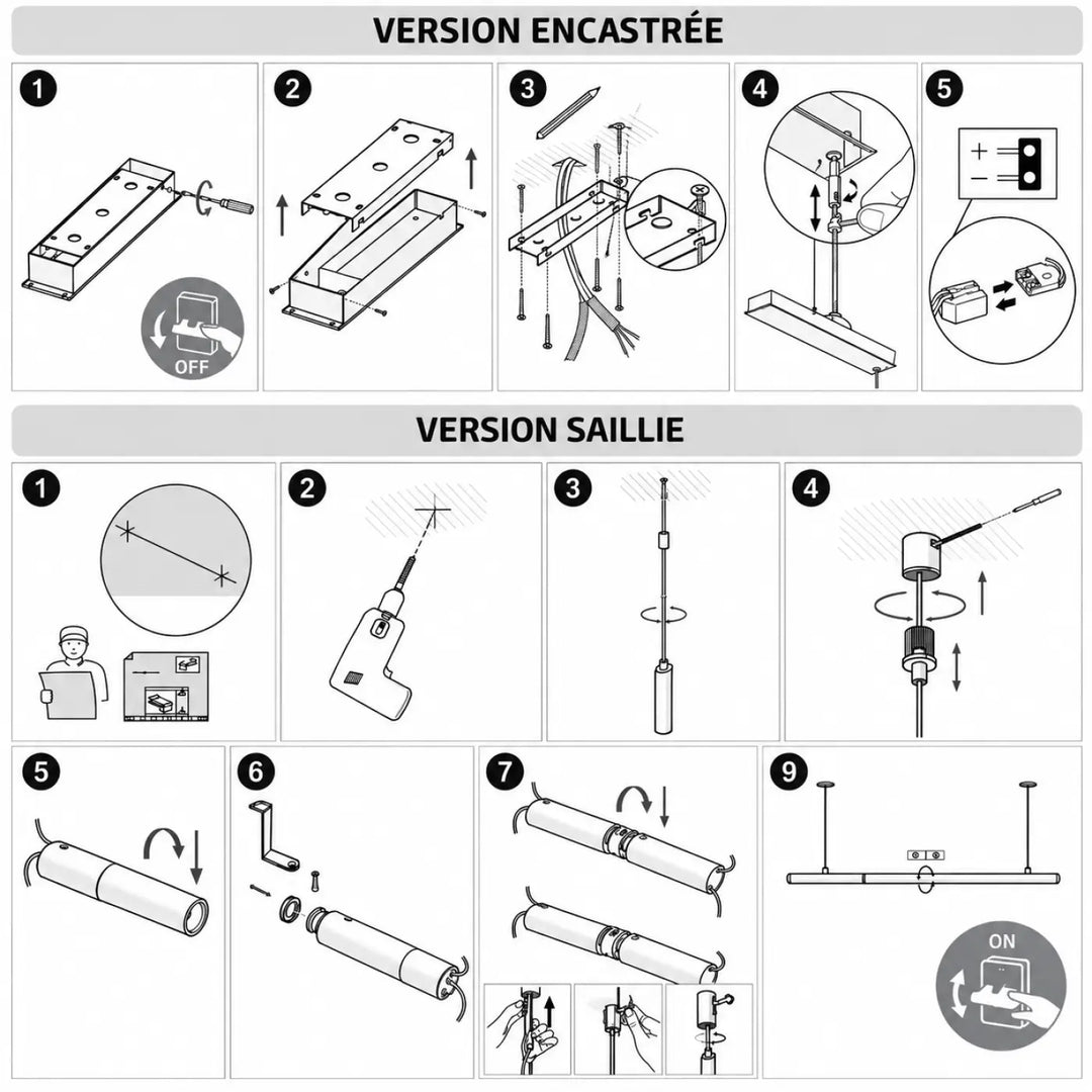 Diagramme d’assemblage détaillé du suspension luminaire tubs modular en aluminium noir avec mini rosace encastrée et suspension led