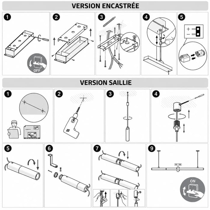 Diagramme d’assemblage détaillé du suspension luminaire tubs modular en aluminium noir avec mini rosace encastrée et suspension led