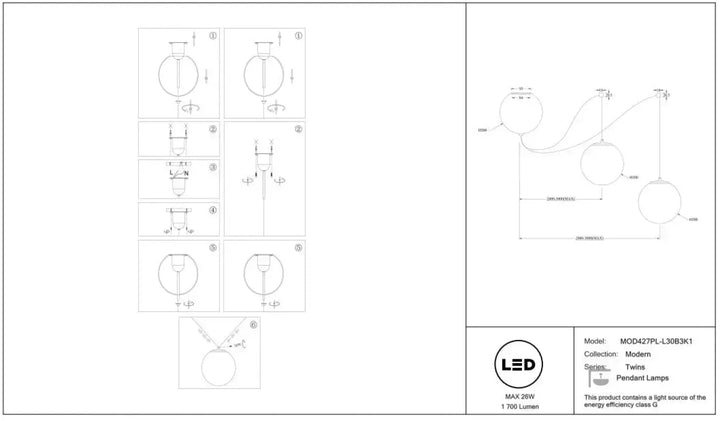 Suspension led twins avec trois globes sphériques suspendus au-dessus d’une table par des fils courbés