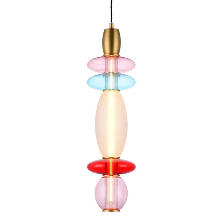 Suspension luminaire léonor verticale avec disques transparents pastel rose bleu rouge et led filament format compact