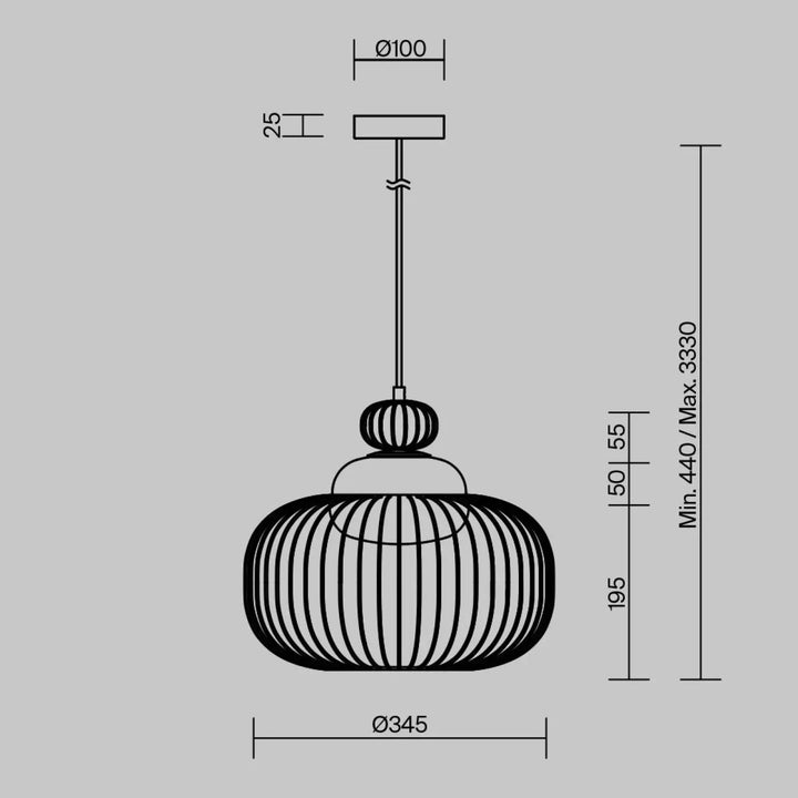 Suspension levitation cage dorée avec abat-jour en verre côtelé et structure métallique minimaliste disponible en trois tailles