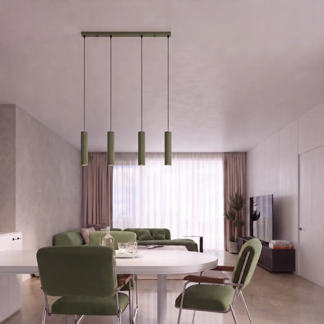 Suspension Karbon vert olive en ligne à cylindres nervurés dans un intérieur contemporain