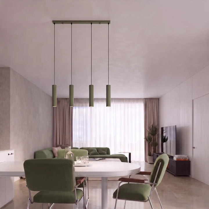 Suspension Karbon vert olive en ligne à cylindres nervurés dans un intérieur contemporain