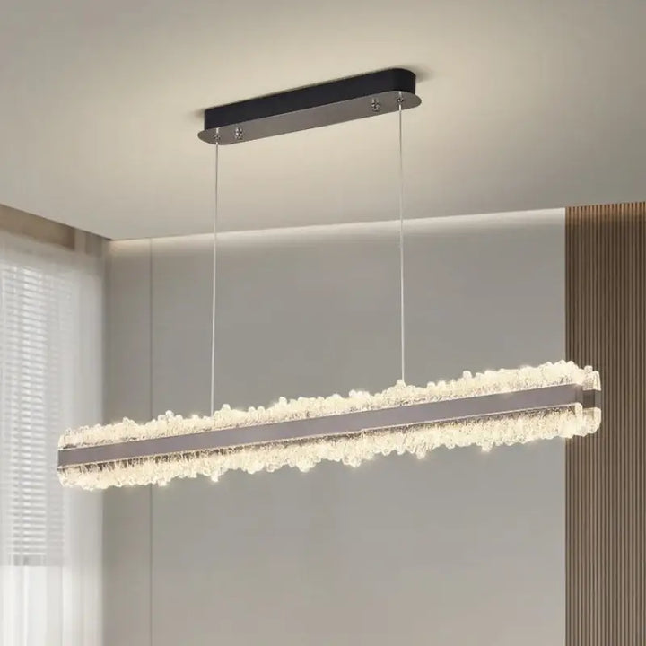 Suspension linéaire design or rose à cristaux lumineux luxe