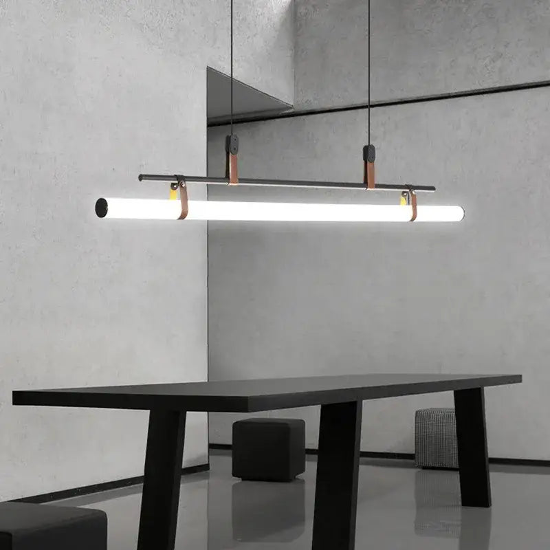 Modern LED Long Tube Chandelier Kitchen Table Dining Room Office Cafe Black Gold Leather Acrylic Pendant Light Indoor