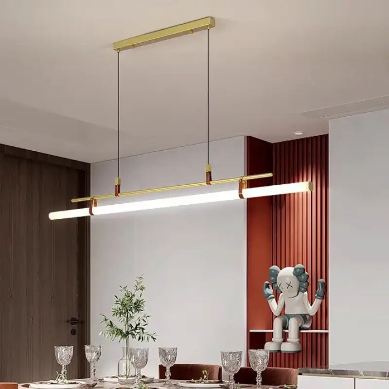 Modern LED Long Tube Chandelier Kitchen Table Dining Room Office Cafe Black Gold Leather Acrylic Pendant Light Indoor