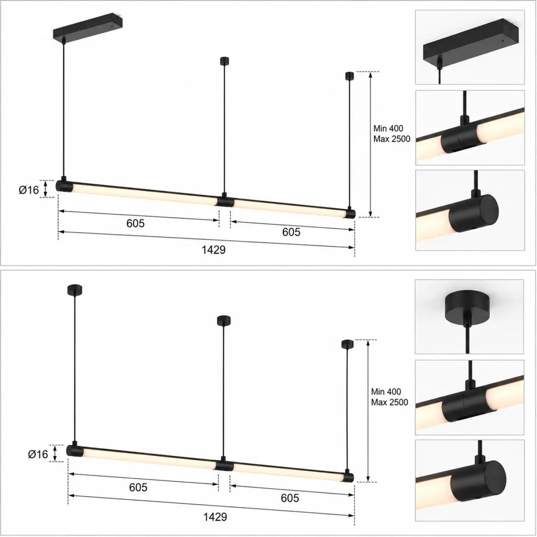 Suspension luminaire tubs modular double en aluminium noir avec deux cylindres et tube led minimaliste moderne