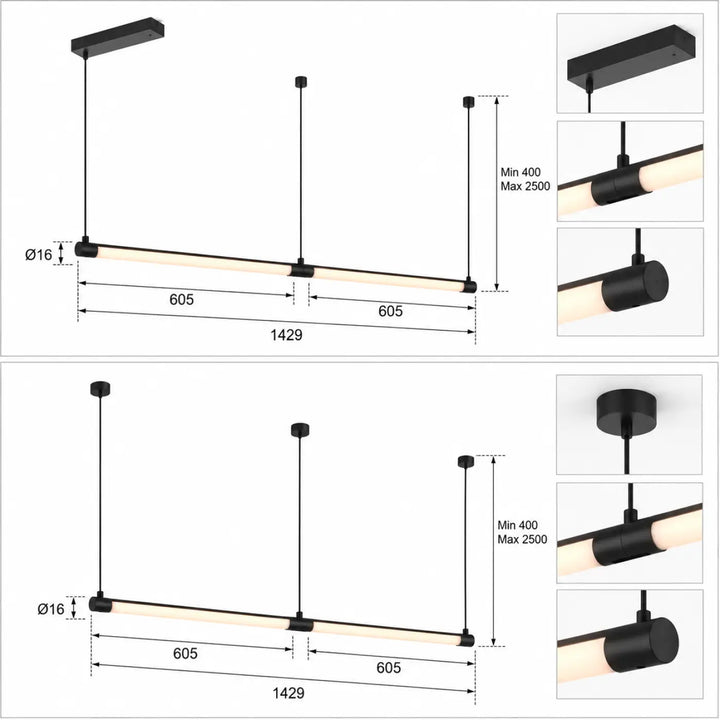Suspension luminaire tubs modular double en aluminium noir avec deux cylindres et tube led minimaliste moderne