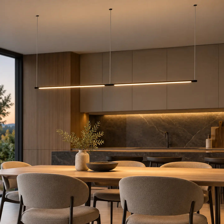 Suspension luminaire tubs modular double en aluminium noir avec mini rosace encastrée et éclairage led chaud