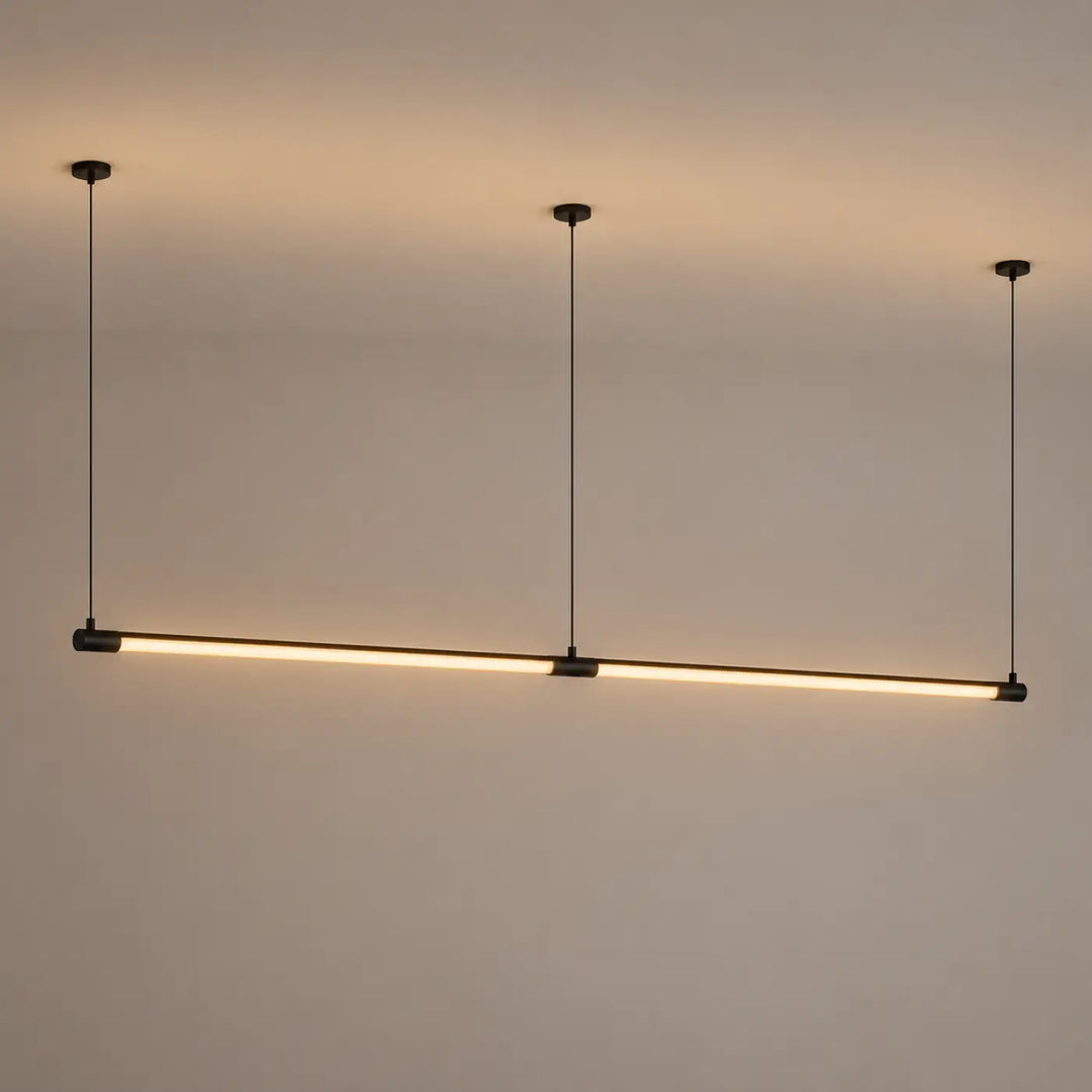 Suspension luminaire tubs modular double ligne en aluminium noir avec éclairage led blanc chaud et mini rosace encastrée