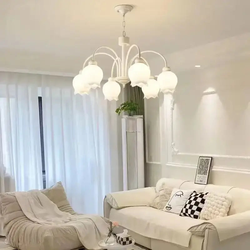 Suspension Luminaire Avec 8 Fleurs En Cloche Blanche Pour Salon
