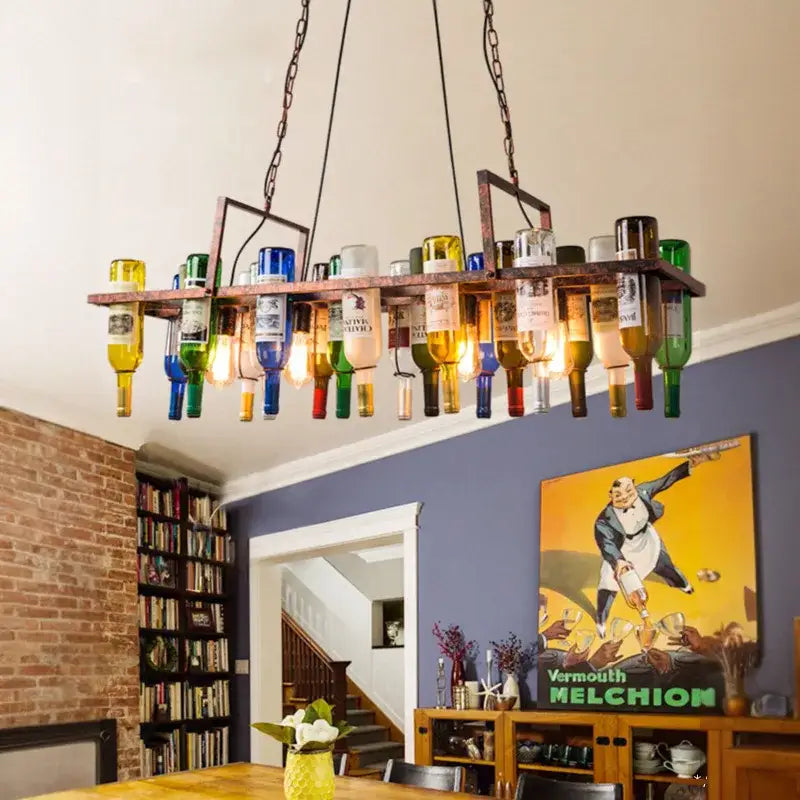 American Retro Industrial Rust Metal Colored Wine Bottle Glass Chandelier Coffee Shop Bar Restaurant LED Decorative