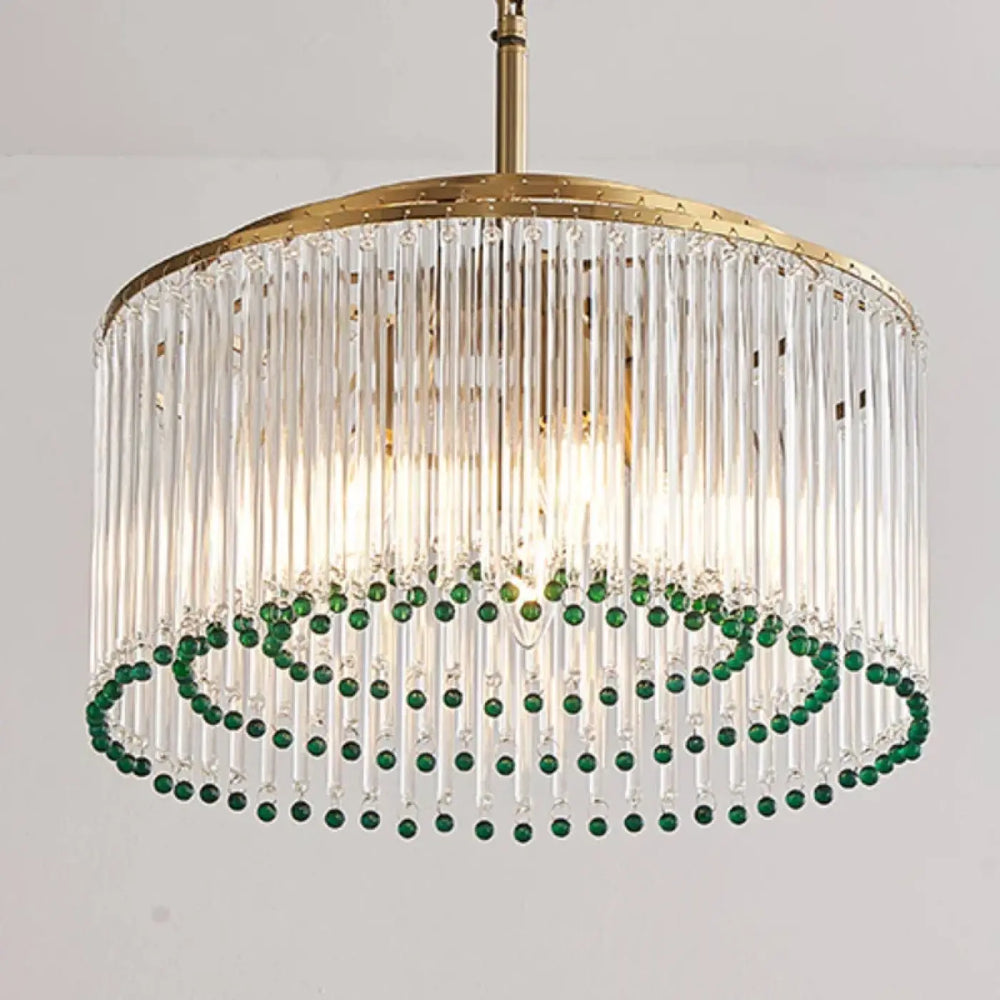 Suspension luminaire modern avec cadre en laiton, tiges en verre transparentes et perles vertes décoratives en spirale
