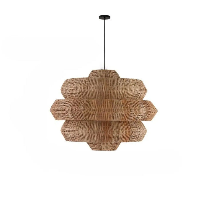 Suspension luminaire artisanale en rotin naturel avec formes superposées hexagonales en beige chaud, modèle Tiello