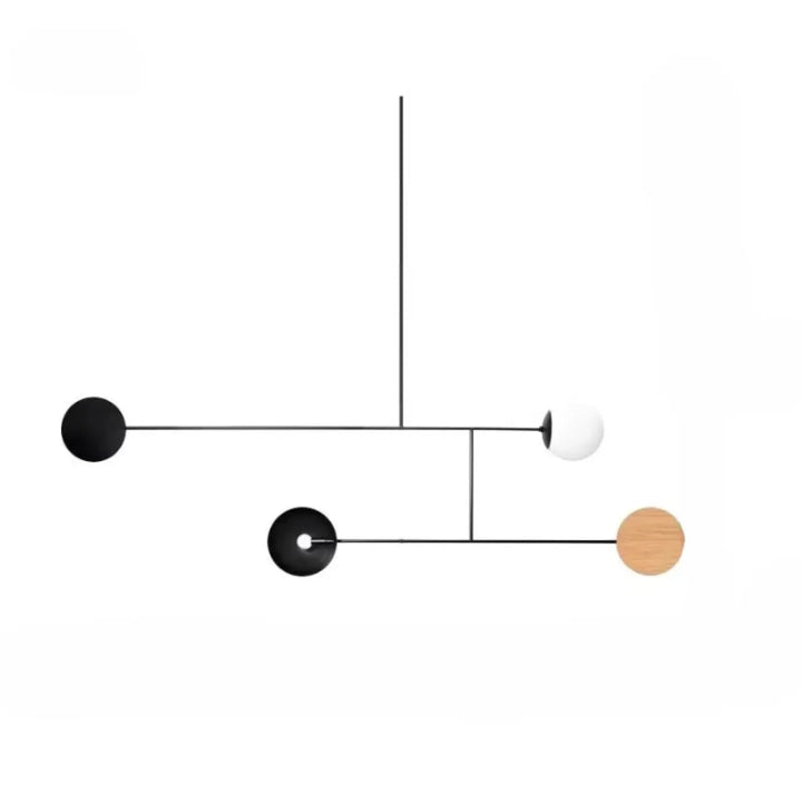 Suspension luminaire artistique minimaliste mondro avec sphères noires blanches et bois naturel suspendues par tiges métalliques fines