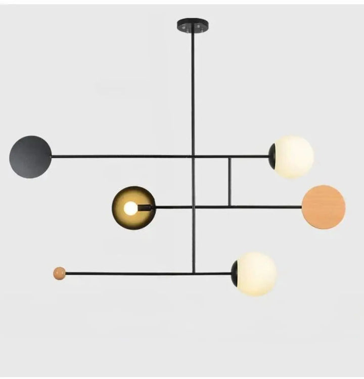 Suspension luminaire mondro en métal noir avec abat-jours sphériques mat noir blanc givré et ambre chaud
