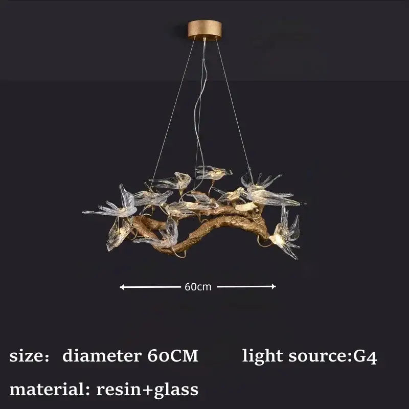 Suspension luminaire artistique oiseaux en verre doré