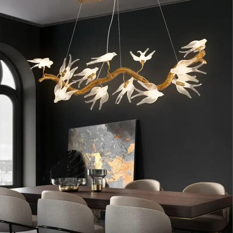 Suspension luminaire artistique oiseaux en verre doré