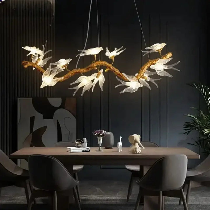 Suspension luminaire artistique oiseaux en verre doré