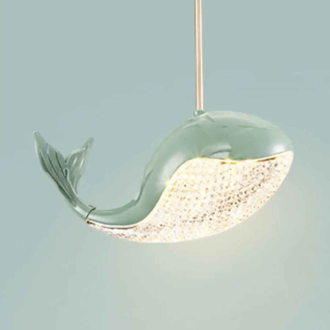Suspension luminaire baleine aquara en céramique vert menthe avec ventre en cristal et accents métalliques élégants