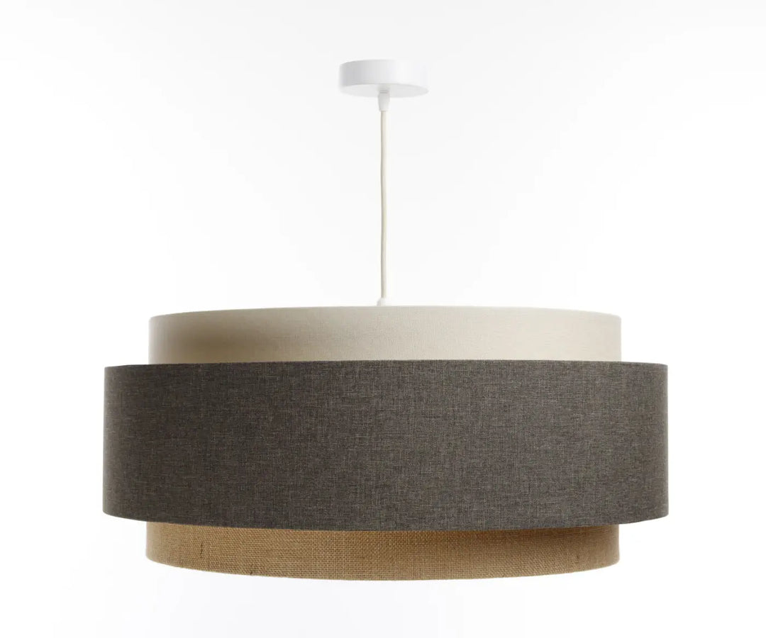 Suspension luminaire doblo boho elegant avec abat-jour en tissu texturé gris charbon beige crème ecru