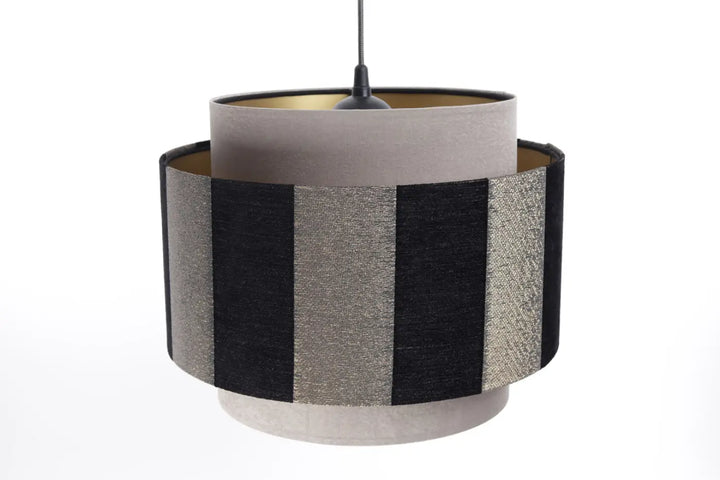 Suspension luminaire doblo avec abat-jour cylindrique rayé noir et argent métallique sur base grise mate