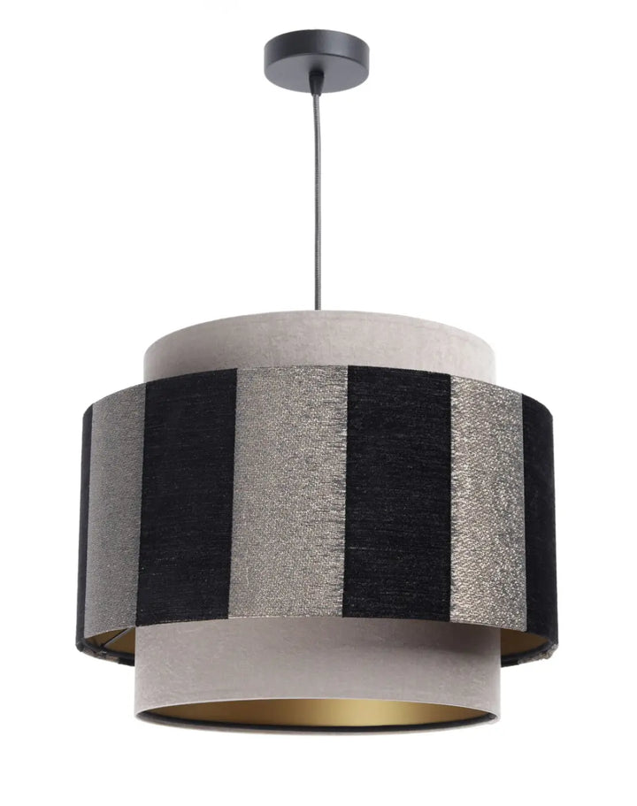 Suspension luminaire doblo beige noir avec rayures noires et argentées, anneaux style béton et intérieur doré
