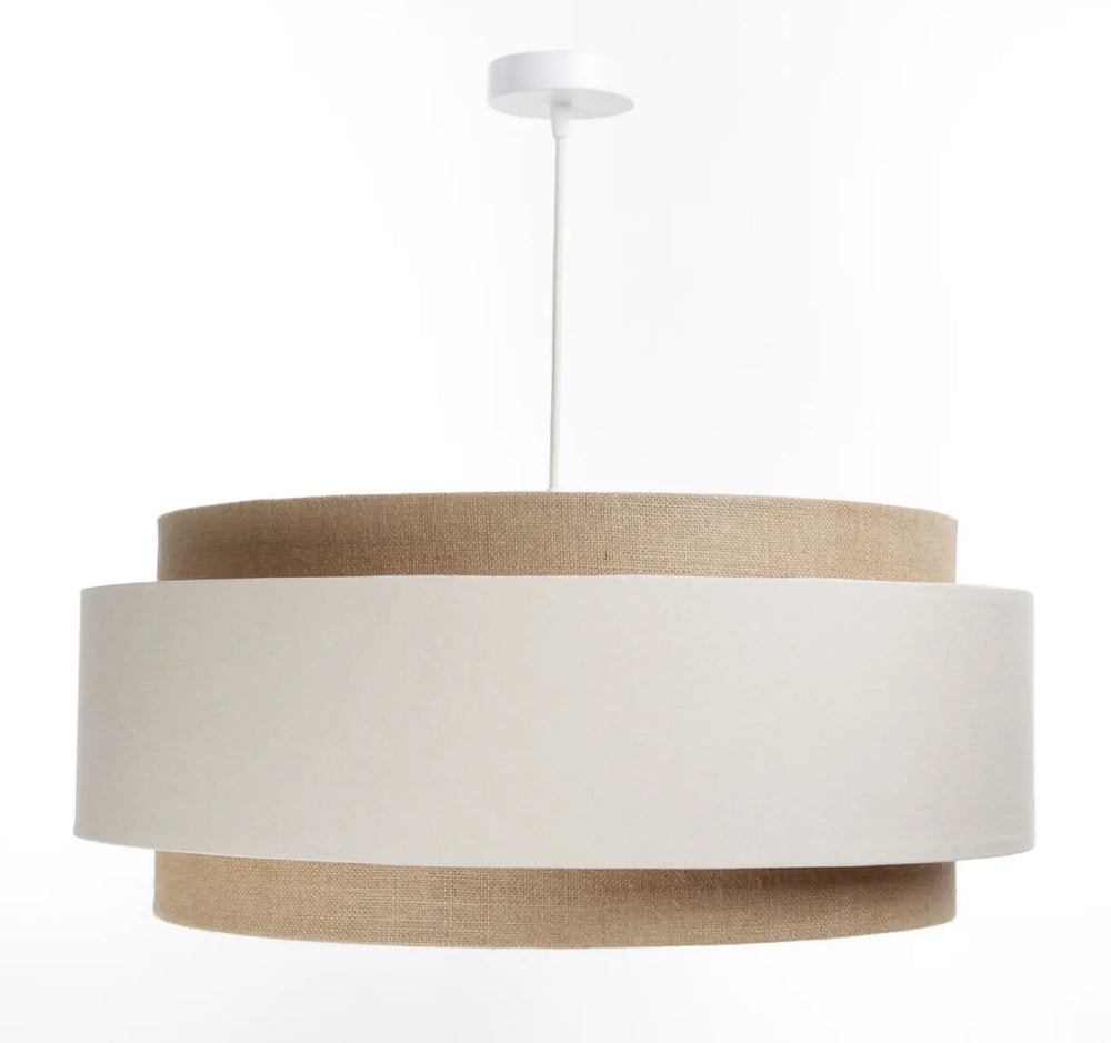 Suspension luminaire bohème chic doblo boho 60 cm avec abat-jour beige en tissu lin et finition mate blanche
