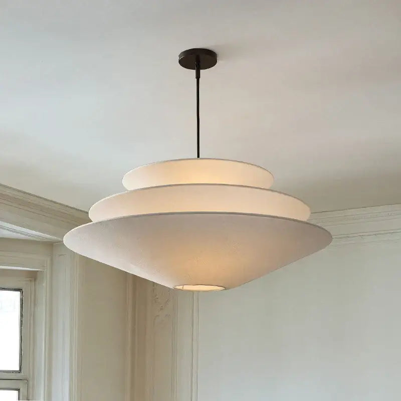 Suspension Luminaire Blanche Avec 3 Cônes Inversés Tissu Design