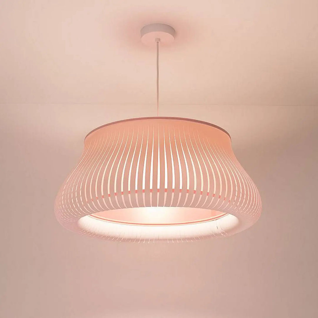 Suspension luminaire oblo avec abat-jour en tissu côtelé pêche et fixation plafond blanche pour éclairage moderne