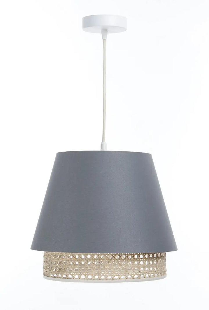 Suspension luminaire bleu gris conique en rattan tressé avec fixation de plafond blanche pour intérieur design