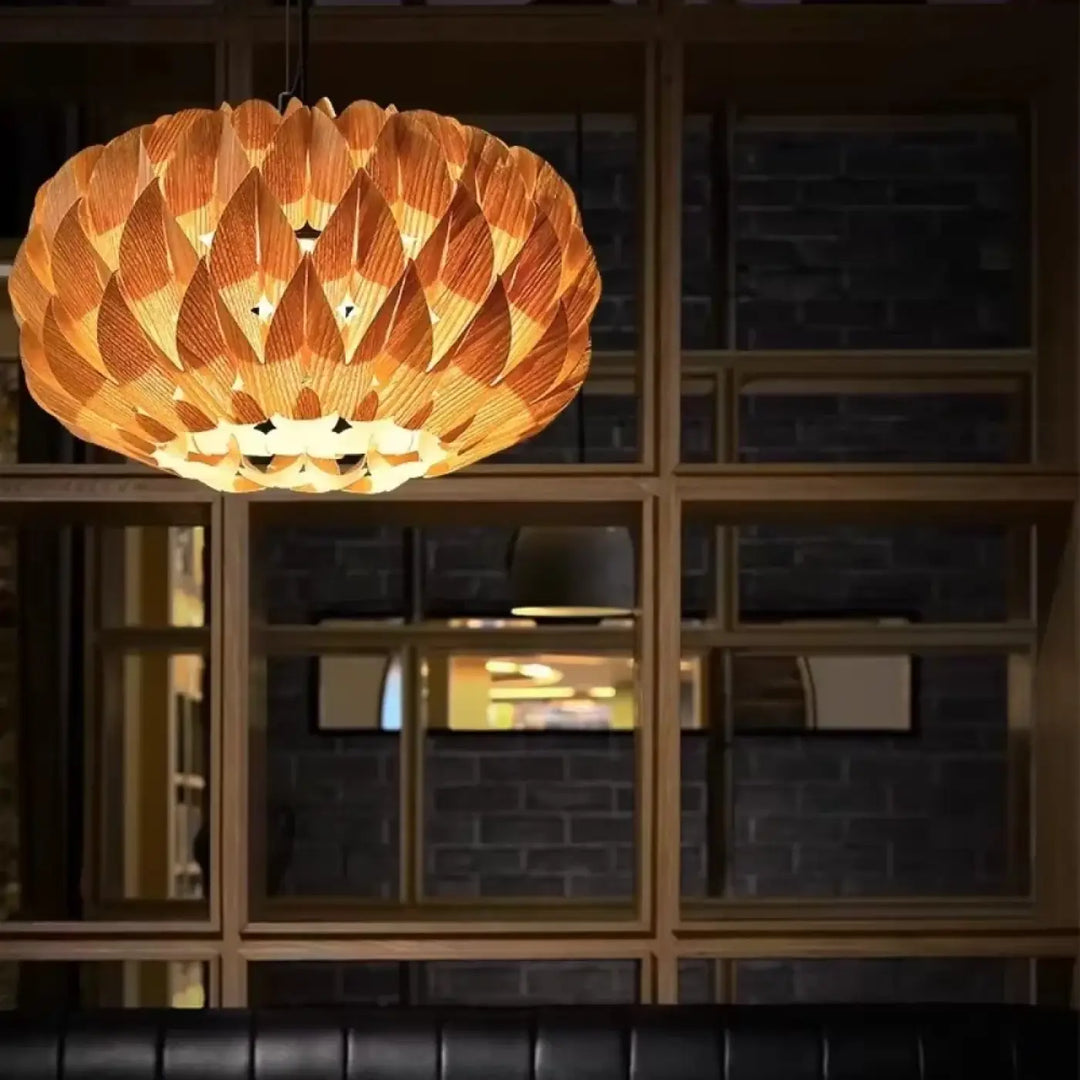 Suspension luminaire en bois design artisanal moderne beige