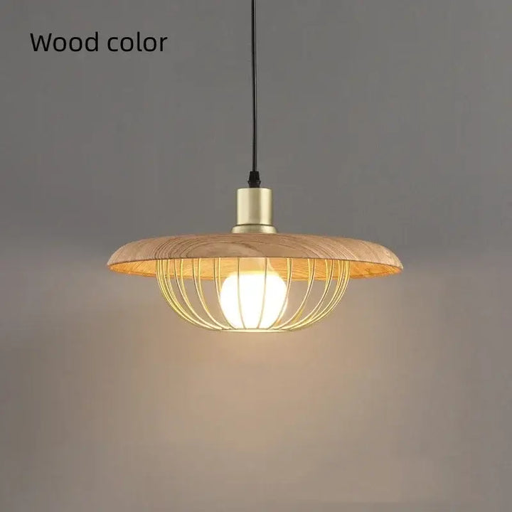 Suspension luminaire en bois et métal doré avec abat-jour rond chic