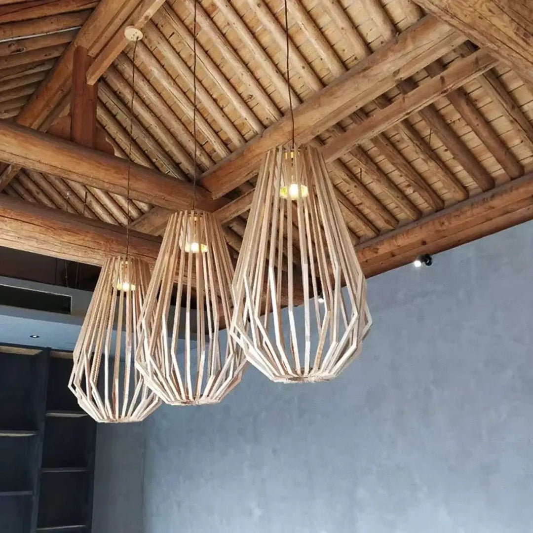 Suspension Luminaire En Bois Naturel Aux Lignes Géométriques Beige