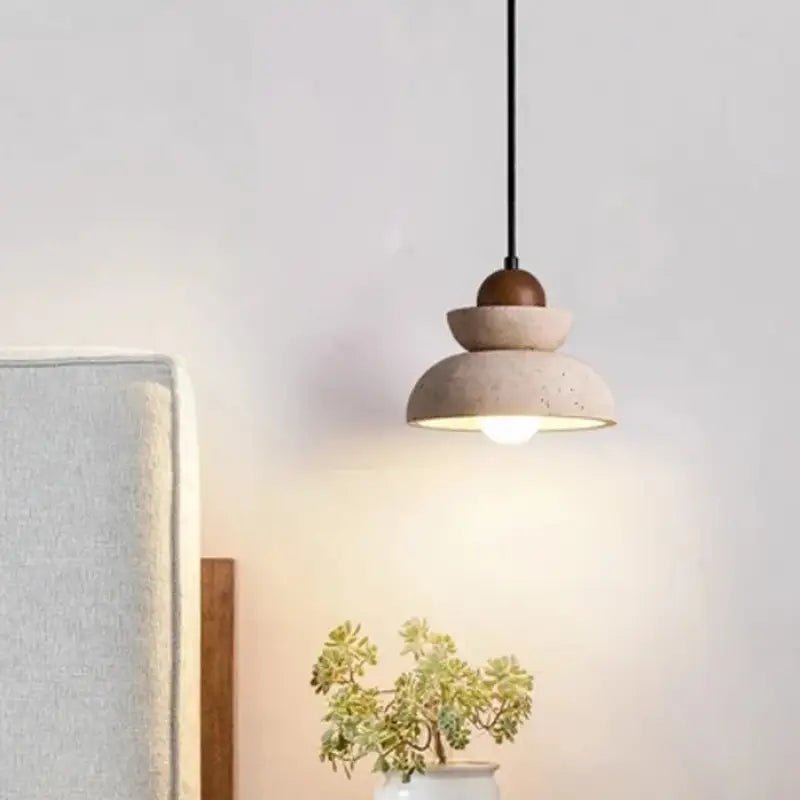 Suspension bois et pierre design épuré beige marron