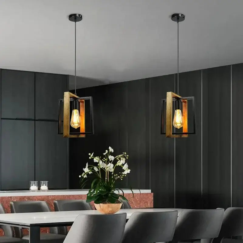 Suspension Luminaire En Bois Au Style Vintage Métal Noir