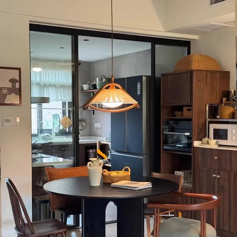 Suspension luminaire en bois et tissu design vintage authentique