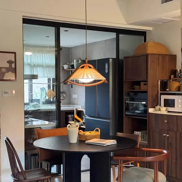 Suspension luminaire en bois et tissu design vintage authentique