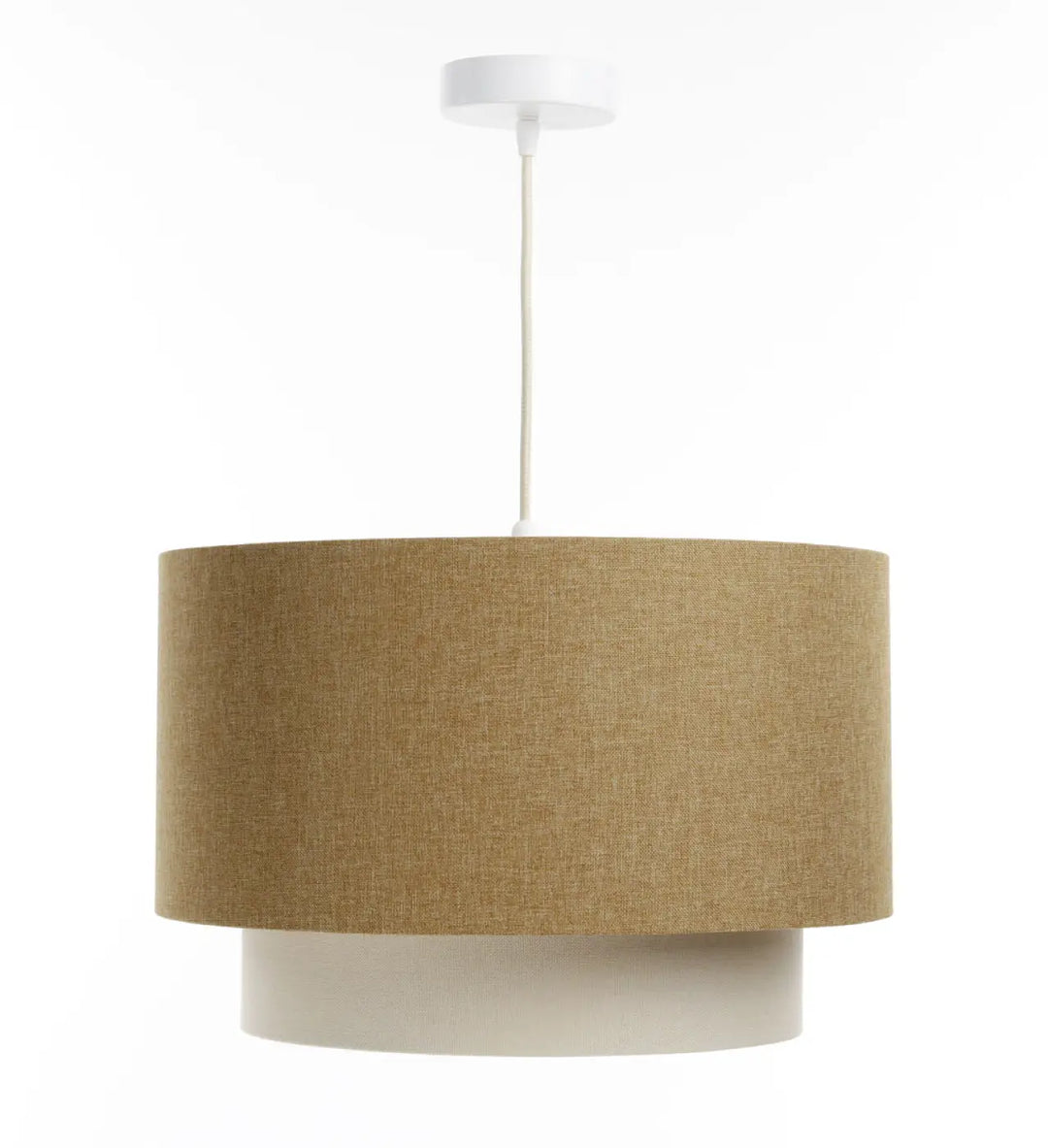 Suspension luminaire caramel en lin avec base et fixation de plafond blanche dans le modèle duo boho elegant