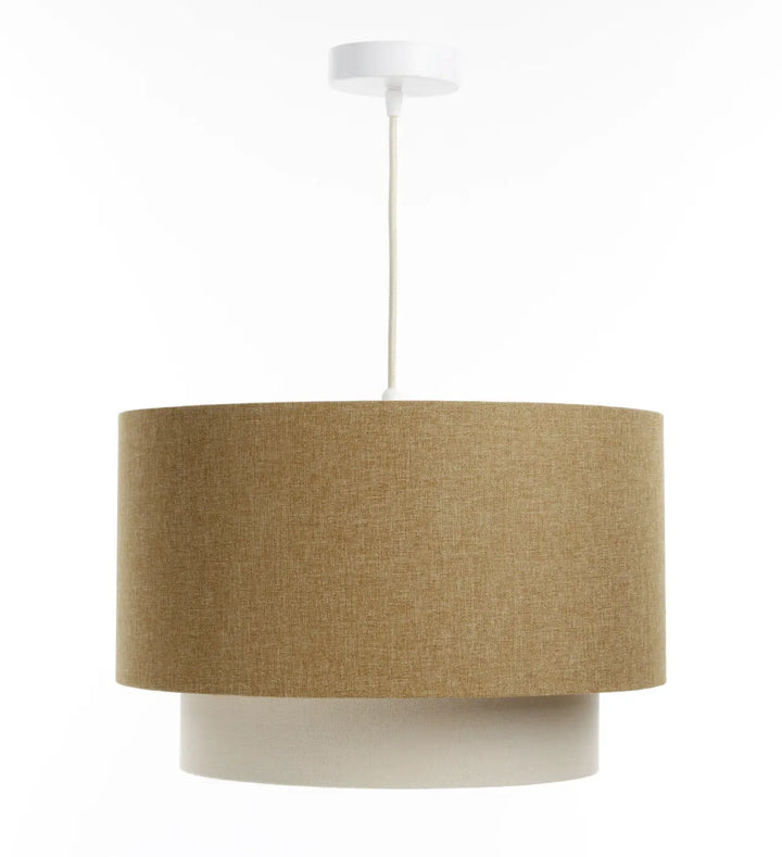 Suspension luminaire caramel en lin avec base et fixation de plafond blanche dans le modèle duo boho elegant