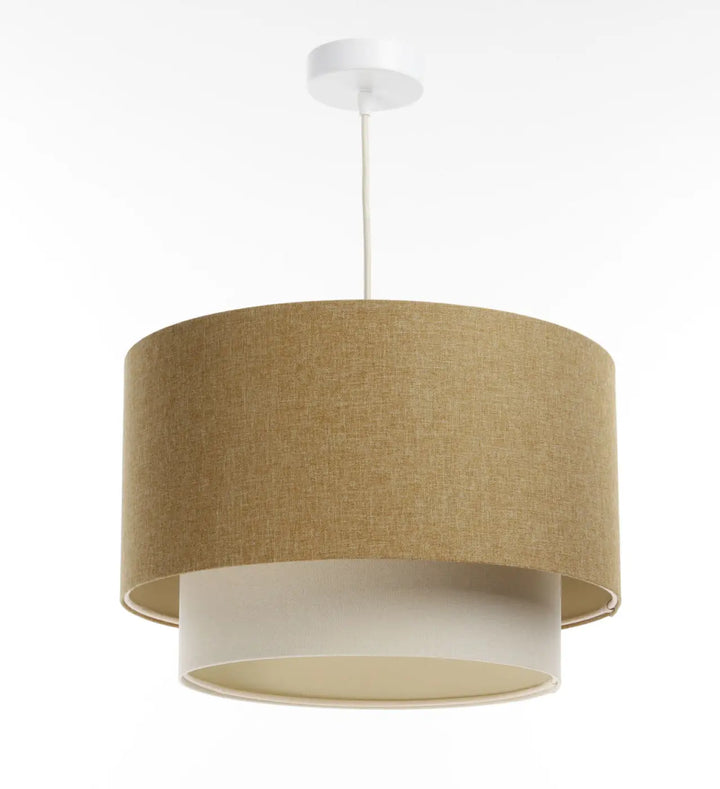 Suspension luminaire duo boho élégant caramel crème ecru beige en lin texturé avec monture plafond blanche double niveau
