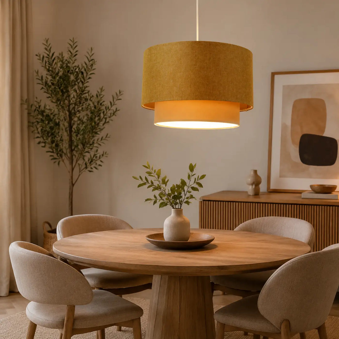 Suspension luminaire caramel cylindrique en tissu superposé couleur moutarde chaude au-dessus de la table à manger