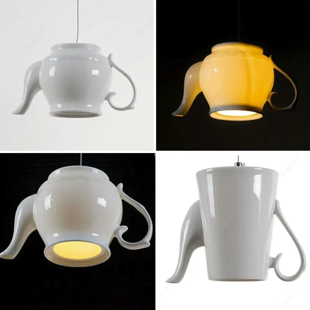 Suspension luminaire en céramique blanche en forme de théière avec fini brillant et bec incurvé style intemporel