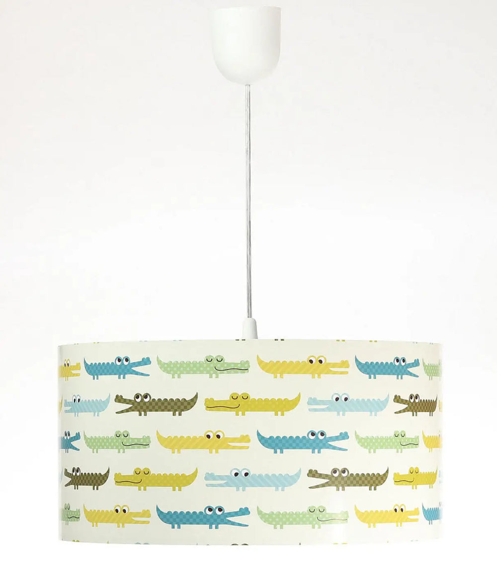 Cylindrique suspension luminaire chambre enfant avec motif crocodile apporte couleur jaune bleu vert et marron sur fond écru
