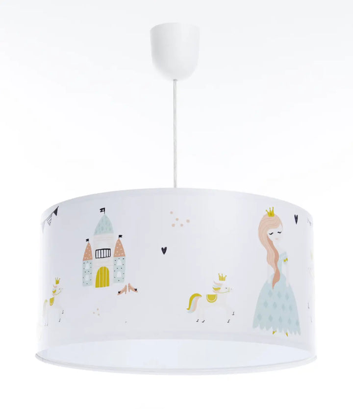 Suspension luminaire chambre blanche avec abat-jour cylindrique décor princesse château et licornes pastel