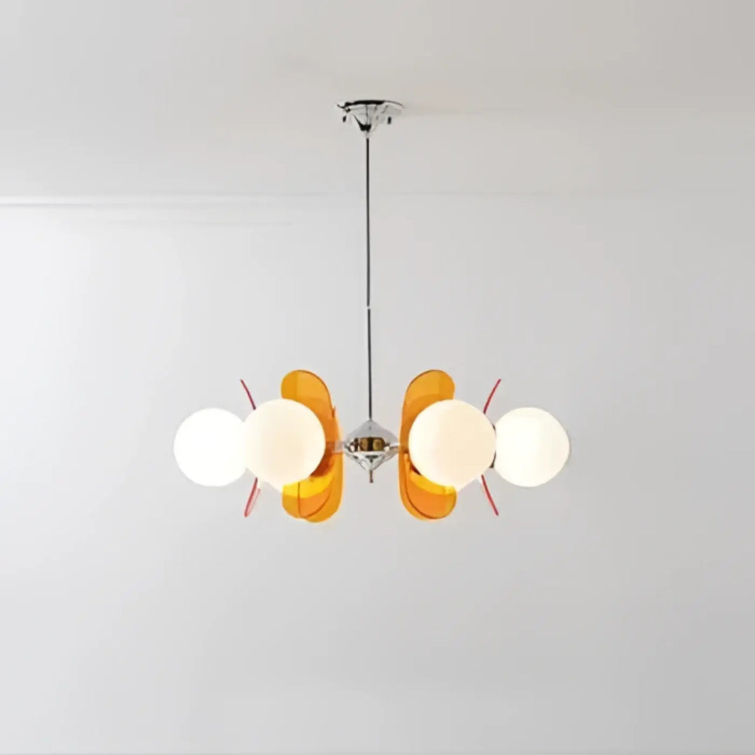 Suspension luminaire chic melios avec lampes sphériques orange et blanches finition chrome pour intérieur moderne