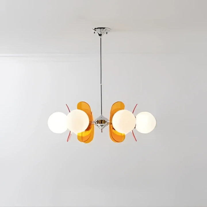 Suspension luminaire chic melios avec lampes sphériques orange et blanches finition chrome pour intérieur moderne