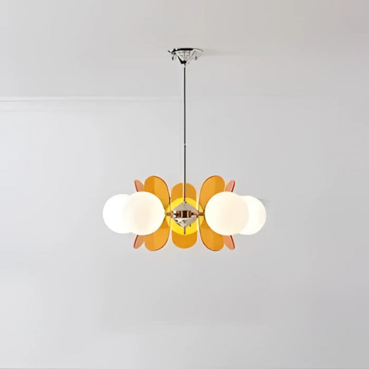 Suspension luminaire chic melios en verre orange et blanc avec une structure métallique centrale élégante