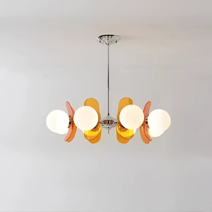 Suspension luminaire melios avec six globes en verre blanc et abat-jours acryliques ambrés pour un style luminaire chic