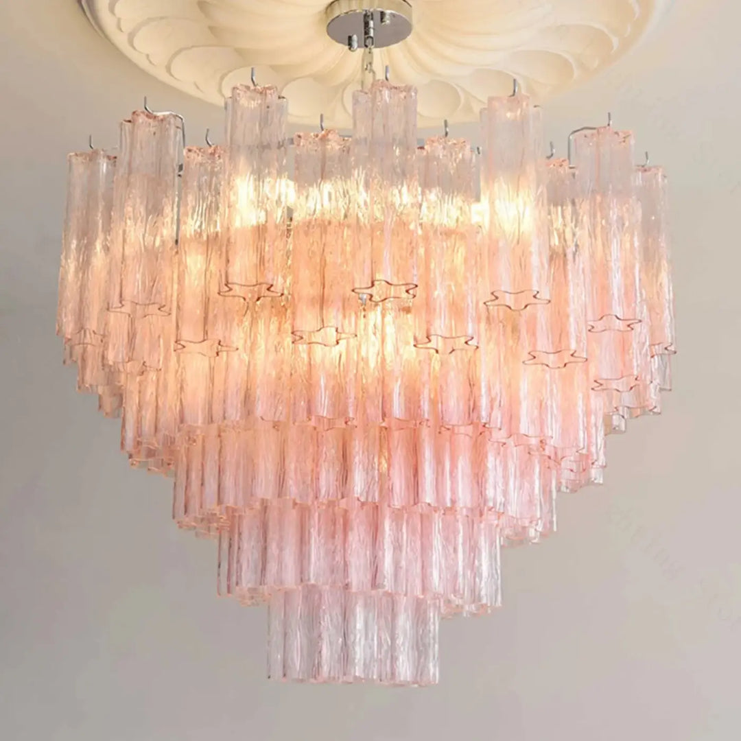 Suspension luminaire rosila avec tubes en verre rose translucide et accents étoiles dorées pour un luminaire chic